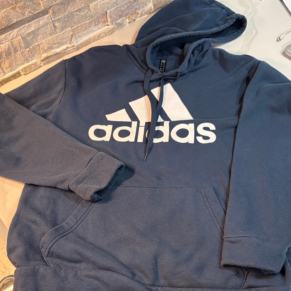 Adidas Men's Dark Blue Hoodie with White Emblem